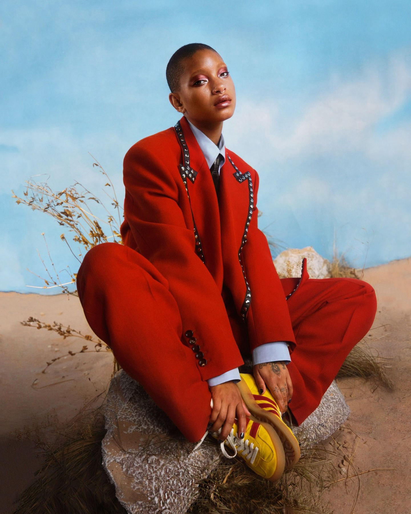 image  1 Captured in a sartorial look and adidas x Gucci Gazelle sneakers from the Exquisite Gucci collection