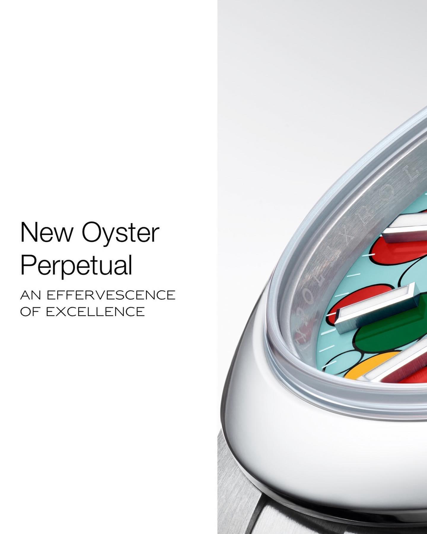 image  1 The new dial motif of the Oyster Perpetual is composed of differently sized bubbles fringed with bla